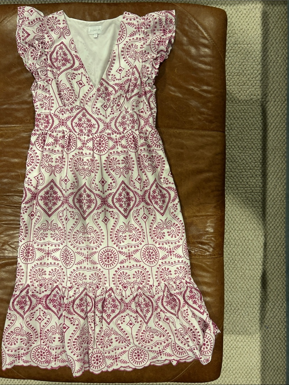 Sugarlips White and Berry Pink Printed V-Neck Midi Dress